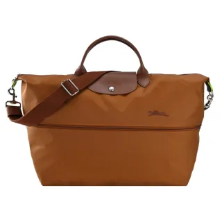 【LONGCHAMP】LE PLIAGE GREEN系列刺繡短把再生尼龍延展兩用旅行袋(白蘭地酒)