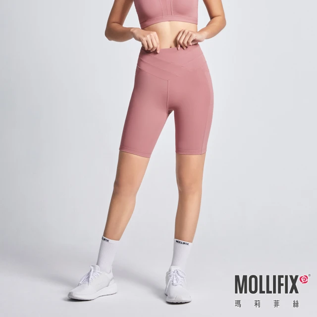 【Mollifix 瑪莉菲絲】前交叉高腰包覆訓練五分褲、瑜珈服、Legging(玫瑰粉)