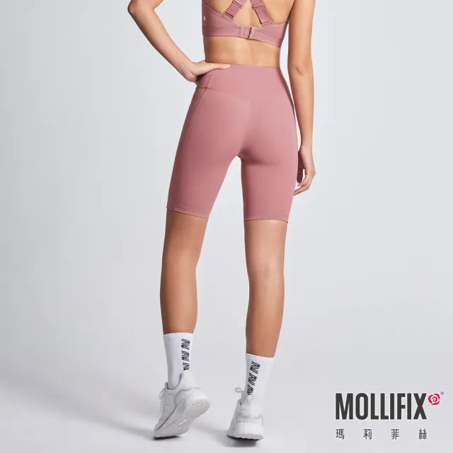 【Mollifix 瑪莉菲絲】前交叉高腰包覆訓練五分褲、瑜珈服、Legging(玫瑰粉)