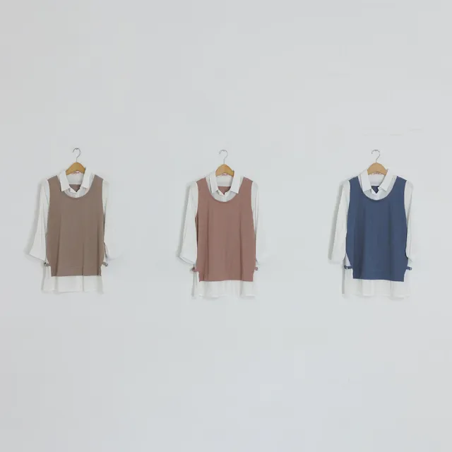【CUMAR】異素材襯衫拼接背心假兩件七分袖上衣(粉 卡/魅力商品)