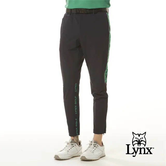 【Lynx Golf】首爾高桿風格！男款彈性舒適大腿繡花設計拉鍊口袋山貓膠標平口窄管休閒長褲(二色)