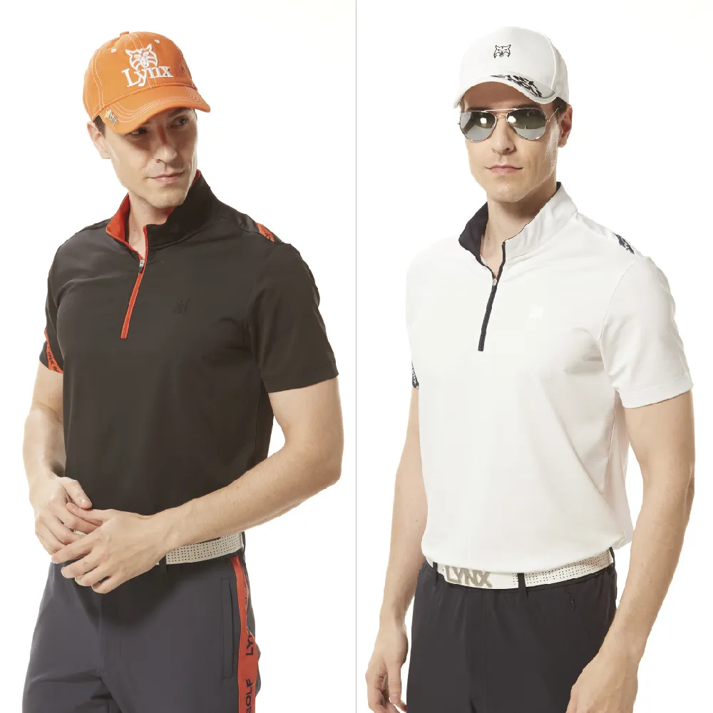 【Lynx Golf】首爾高桿風格！男款合身版銀離子抗菌除臭後背配布字樣造型短袖立領POLO衫/高爾夫球衫(二色)
