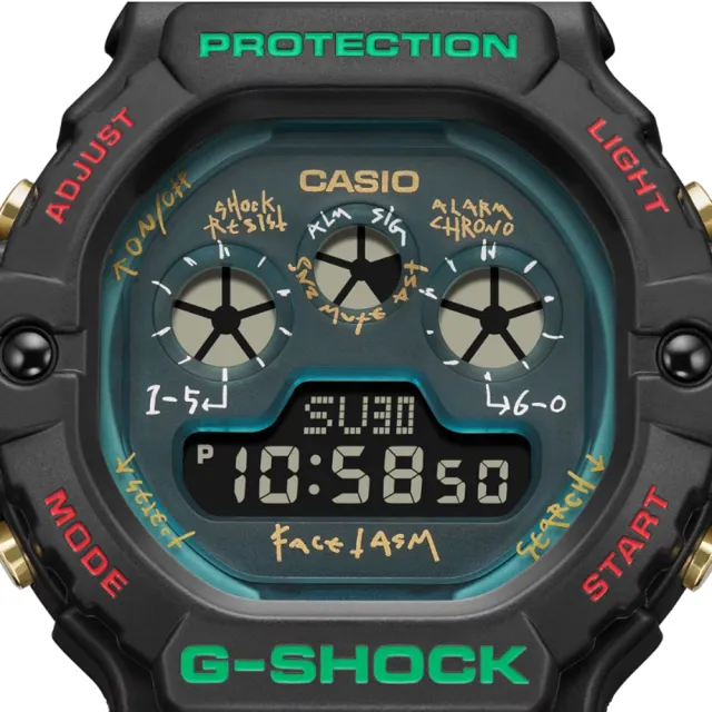 CASIO 卡西歐】G-SHOCK X FACETASM聯名款三眼顯示黑X綠X紅_DW-5900FA