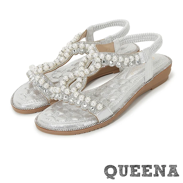 【QUEENA】坡跟涼鞋 珍珠涼鞋/波西米亞民族風華麗輕奢8字珍珠美鑽造型坡跟涼鞋(銀)