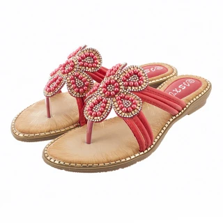 【QUEENA】坡跟拖鞋 花朵拖鞋/波西米亞民族風彩鑽串珠花朵造型坡跟拖鞋(紅)