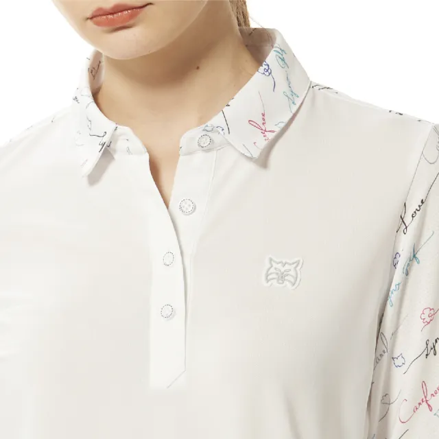 【Lynx Golf】女款吸排抗UV機能貓頭膠標Lynx草寫字樣印花洞洞布剪接設計長袖POLO衫/高爾夫球衫(二色)
