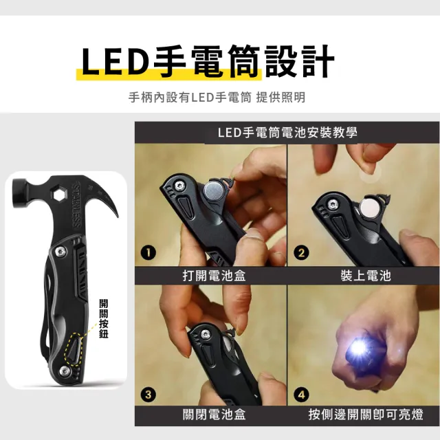 【萬用工具】多功能不鏽鋼羊角鐵槌-附收納袋(手電筒 開瓶器 一字批 營釘錘 露營 戶外 榔頭 木工 工具)