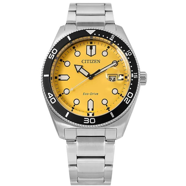 【CITIZEN 星辰】光動能 運動時尚 礦石強化玻璃 日期 防水100米 不鏽鋼手錶 黃色 43mm(AW1760-81Z)