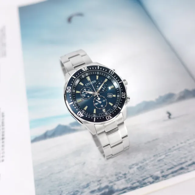 【CITIZEN 星辰】光動能 三眼計時 日期 日本機芯 防水100米 不鏽鋼手錶 藍色 41mm(VO10-6772F)