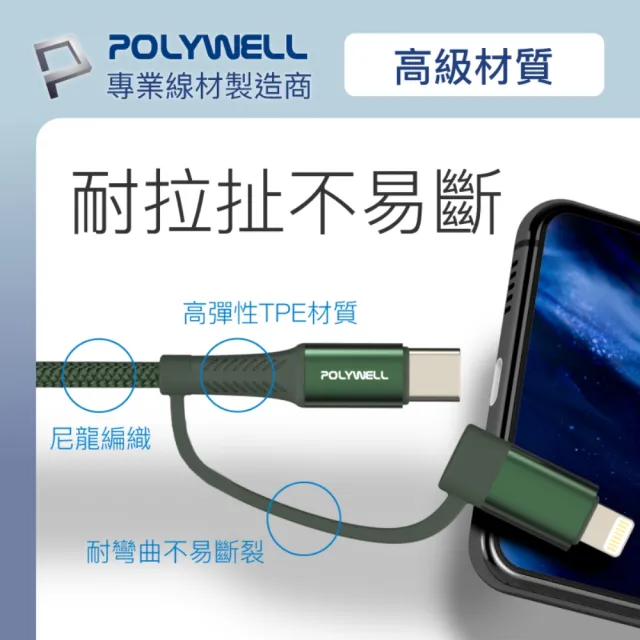 【POLYWELL】四合一充電線快充組 30W雙孔1A1C快充頭+四合一編織快充線 2M