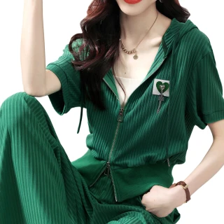【MsMore】都會綠兩件套時尚休閒氣質優雅短袖連帽小外套百搭顯瘦高腰運動長褲套裝#116309(綠色)