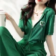 【MsMore】都會綠兩件套時尚休閒氣質優雅短袖連帽小外套百搭顯瘦高腰運動長褲套裝#116309(綠色)