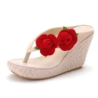 【JP Queen New York】波西米亞玫瑰花朵草編沙灘坡跟夾腳拖鞋(2色可選)