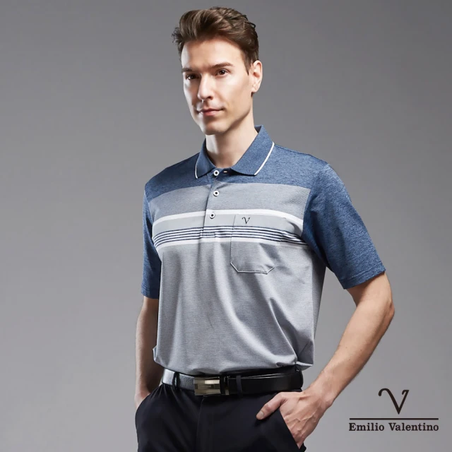 【Emilio Valentino 范倫鐵諾】男裝 吸濕速乾涼感彈性胸袋短袖POLO衫_藍/灰(15-3V7923)