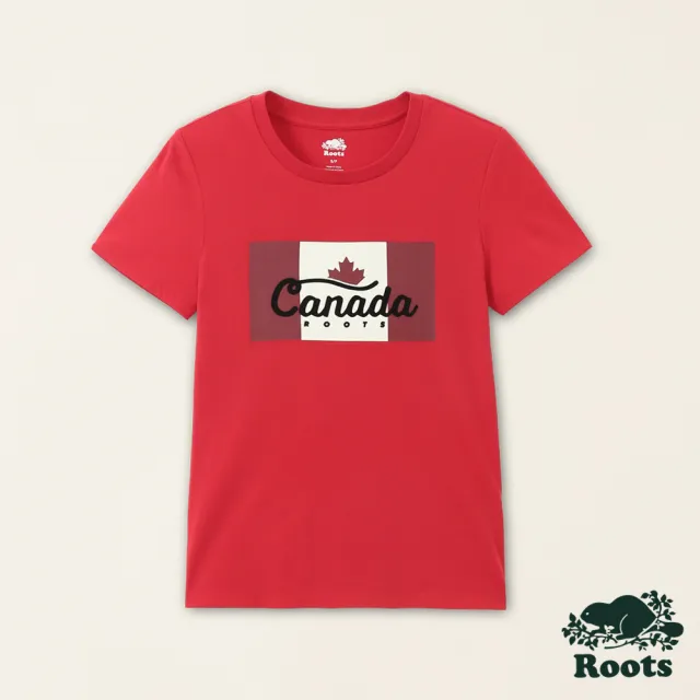 【Roots】Roots女裝-加拿大日系列 加拿大國旗有機棉修身短袖T恤(紅色)