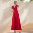 【OMUSES】手工蕾絲拼接緞紅色長禮服19-2222(S-3L)