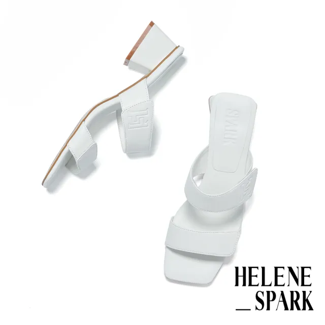 【HELENE_SPARK】時尚品味LOGO寬帶羊皮方頭高跟拖鞋(白)