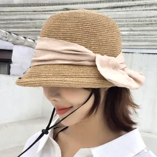 【AnnaSofia】遮陽帽防曬帽淑女帽網美渡假草帽海灘帽漁夫帽盆帽-日系綁結隱格布 小翻簷 現貨(杏綁帶系)