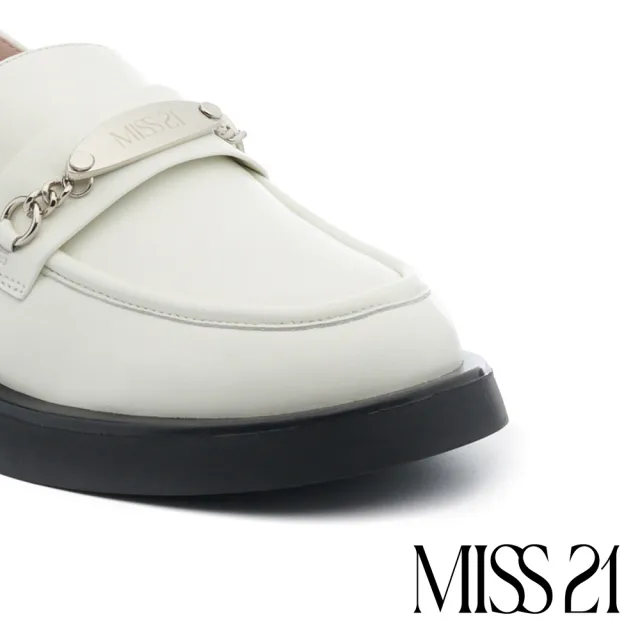 【MISS 21】質感金屬鍊條純色全真皮樂福低跟鞋(白)