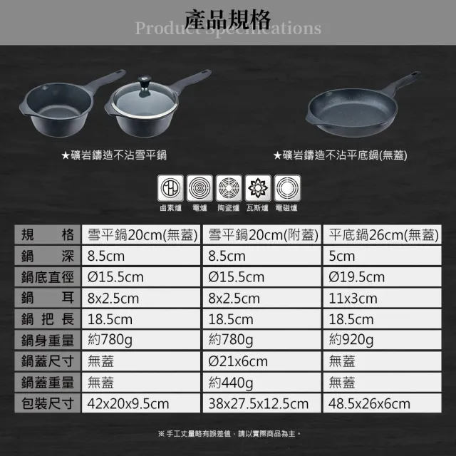 【米雅可】礦岩鑄造不沾平底鍋26cm無蓋 台灣製造(適用IH及各式爐具)