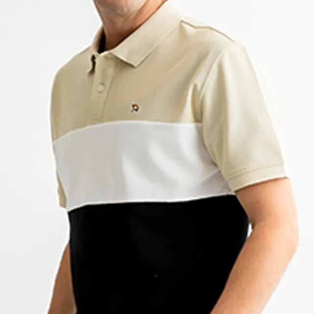 【Arnold Palmer 雨傘】男裝-機能快乾左胸單色小傘刺繡胸前拼接POLO衫(米色)