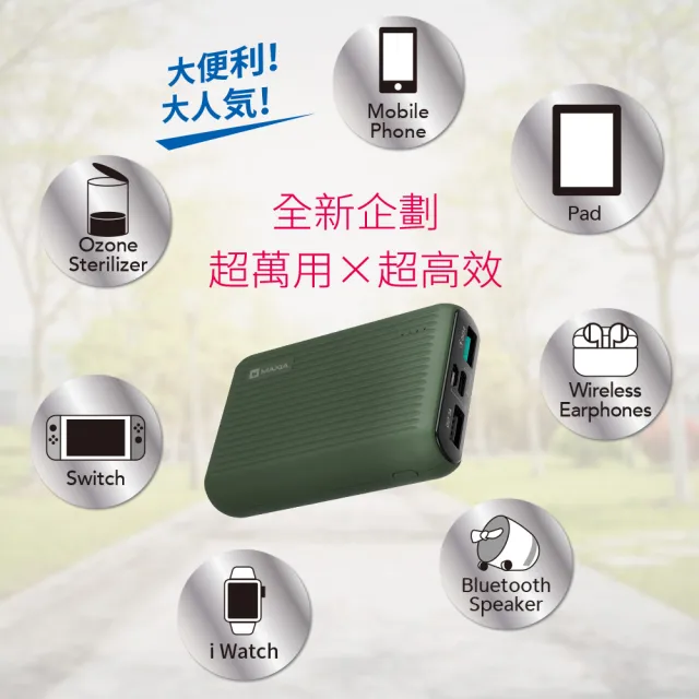 【MAXIA】MPB-F100 10000mAh 18W 3孔輸出 急速快充行動電源-潮沐綠(經典行李箱 旅遊必備)