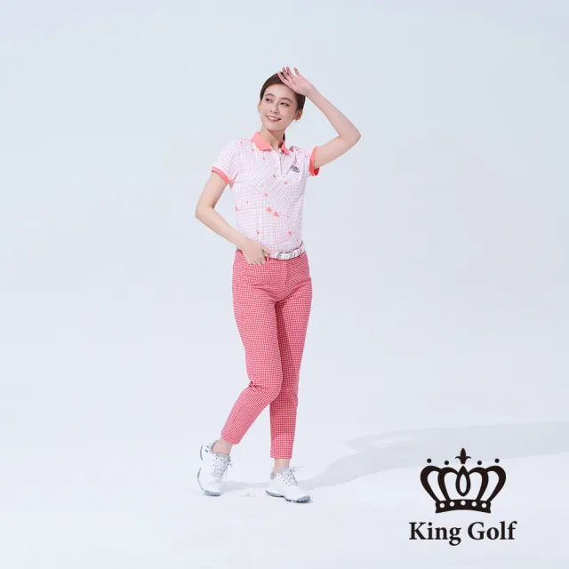 【KING GOLF】速達-網路獨賣款-女款格紋印圖LOGO燙標舒適修身休閒長褲(紅色)