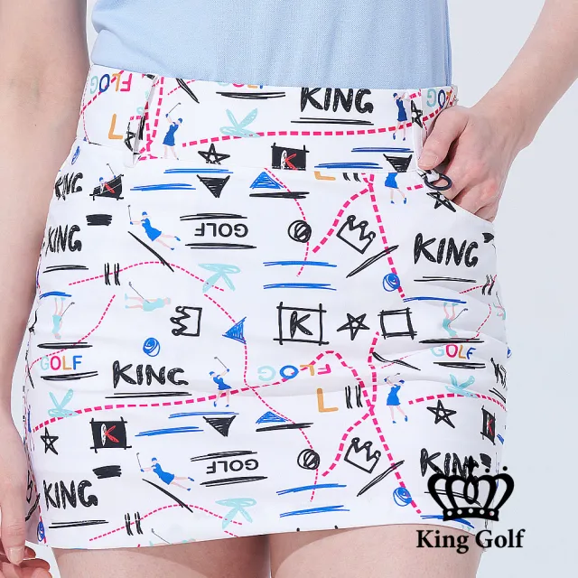 【KING GOLF】速達-網路獨賣款-女款塗鴉風印圖修身運動短裙(白色)