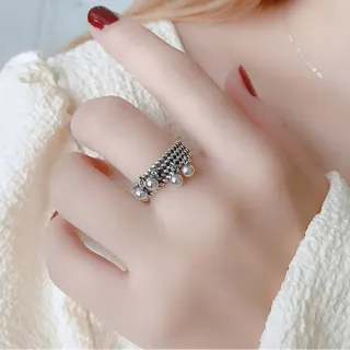 【SUMMER一夏】韓國設計S925純銀復古寬版多層麻花圓珠開口戒指食指潮流戒指(甜酷風)