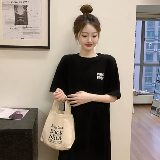 【HanVo】現貨 WHAT EVER棉質長洋裝(韓版休閒寬鬆藏肉修身顯瘦連衣裙 女生衣著 A06-3641)