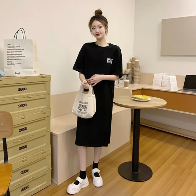 【HanVo】現貨 WHAT EVER棉質長洋裝(韓版休閒寬鬆藏肉修身顯瘦連衣裙 女生衣著 A06-3641)