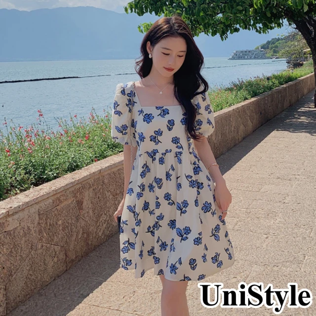 【UniStyle】現貨 碎花短袖洋裝 法式高級感顯瘦連身裙 女 ZMC037-076(藍)