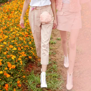 【KERAIA 克萊亞】詩意花園粉櫻純色修身長褲(附腰帶)