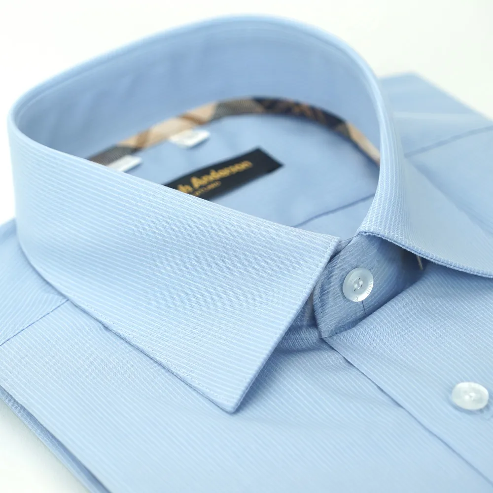 【金安德森】經典格紋繞領藍色細紋窄版長袖襯衫-fast