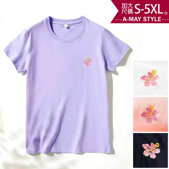 艾美時尚 中大尺碼女裝 上衣 純棉櫻花刺繡短袖T恤。S-5XL(4色.預購)