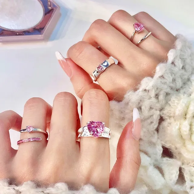 【JC Collection】925純銀浪漫甜美粉鑽石可調節戒指(愛心、水滴、小愛心、波點六邊)