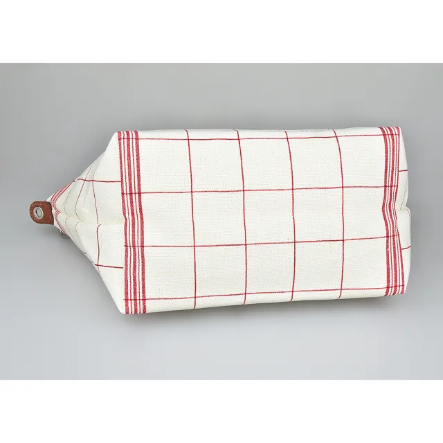 【LONGCHAMP】LONGCHAMP LE PLIAGE TORCHON壓印LOGO格紋設計棉布短把拉鍊斜背包(白x紅)