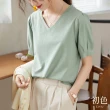 【初色】純色簡約V領泡泡袖短袖T恤上衣女上衣-薄荷綠-66936(M-2XL可選)