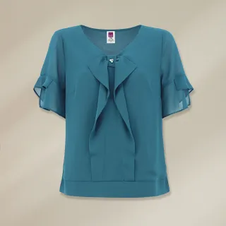 【ILEY 伊蕾】都會優雅蝴蝶結荷葉雪紡上衣(深藍色；M-XL；1232061149)
