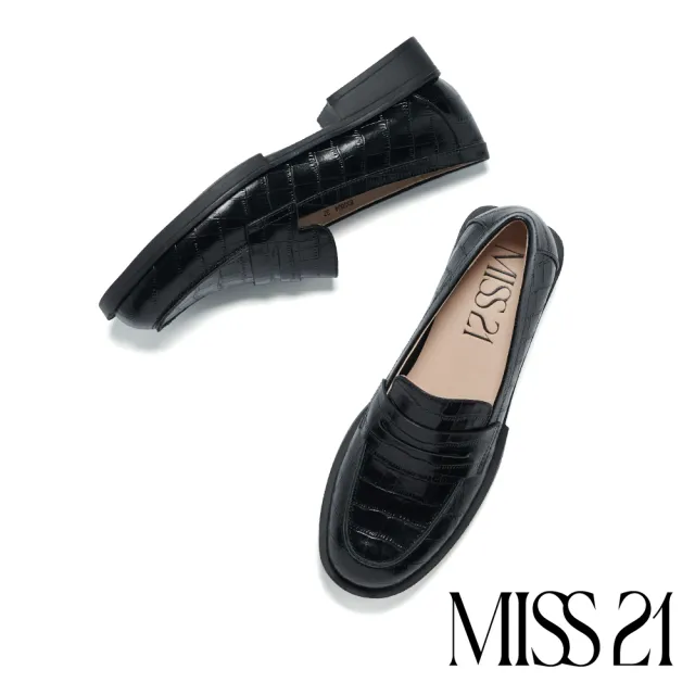 【MISS 21】個性復古純色全真皮壓紋樂福低跟鞋(黑)