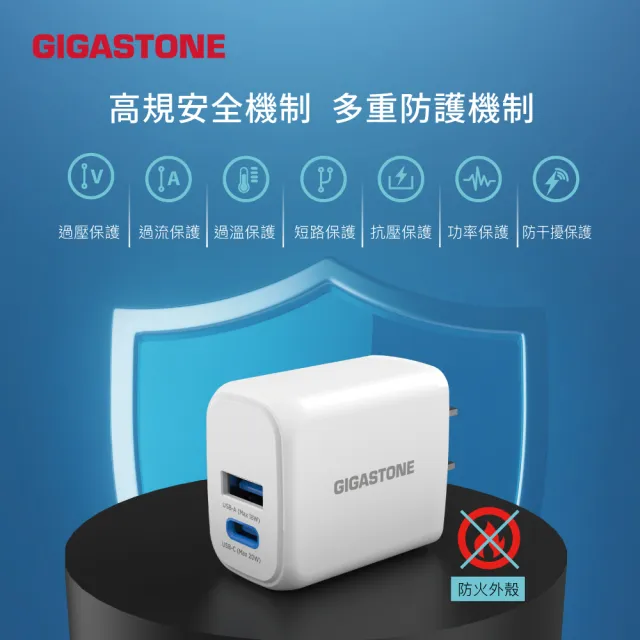 【GIGASTONE 立達】PD/QC3.0 20W雙孔急速快充充電器PD-6202W(iPhone 16/15/14/13快充豆腐頭/充電頭)