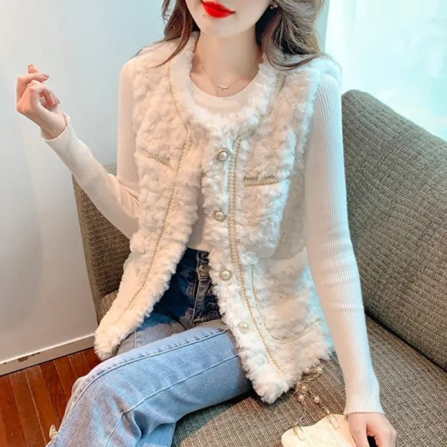 【baibeauty 白鳥麗子】香風仿羊羔絨毛毛珍珠釦背心(馬甲)