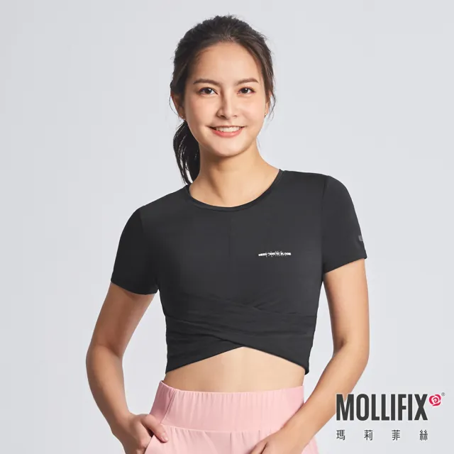 【Mollifix 瑪莉菲絲】品牌標語前交疊短版上衣、瑜珈上衣、瑜珈服(黑)