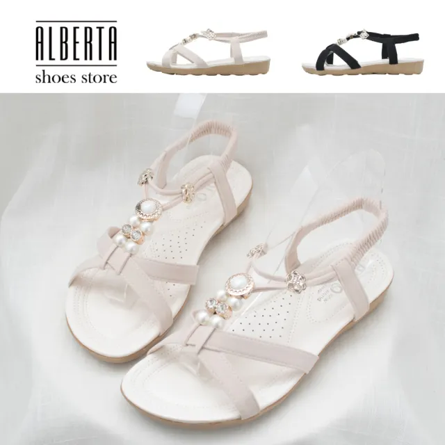 【Alberta】涼鞋 波西米亞風水鑽珍珠五金裝飾絨質鞋面厚底3cm涼拖鞋