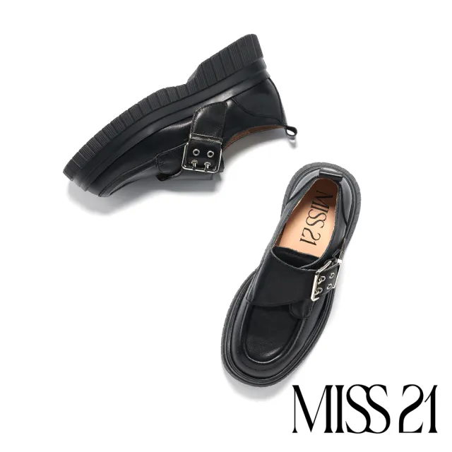 【MISS 21】跩跩極簡風銀色大方釦全真皮大頭厚底鞋(黑)