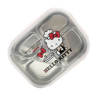 【SANRIO 三麗鷗】Kitty304不鏽鋼分格餐盤 兒童餐盤 分隔便當盒餐具(防漏隔熱不銹鋼雙層餐盤 附收納袋)