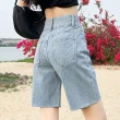 【MsMore】高腰五分牛仔短褲寬鬆顯瘦復古設計感直筒中褲#117491(黑/藍/牛仔藍)
