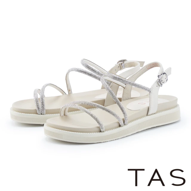 【TAS】細緻鑽條羊皮平底涼鞋(米色)