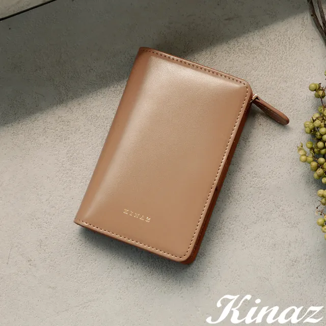 【KINAZ】牛皮L型拉鍊雙層零錢袋直式對折中夾-質柔褐-馬賽克系列