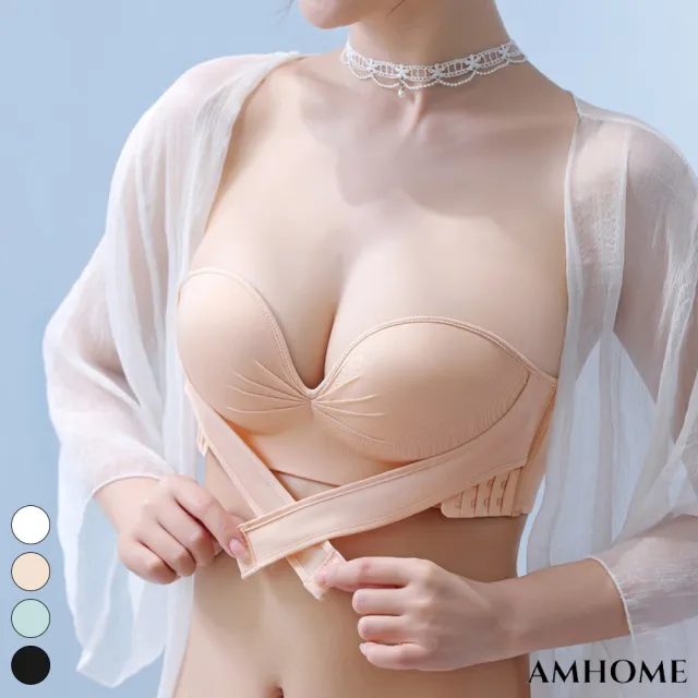 【Amhome】日系冰絲前扣無肩帶內衣小胸聚攏透氣防滑無痕隱形胸罩#117566(4色)
